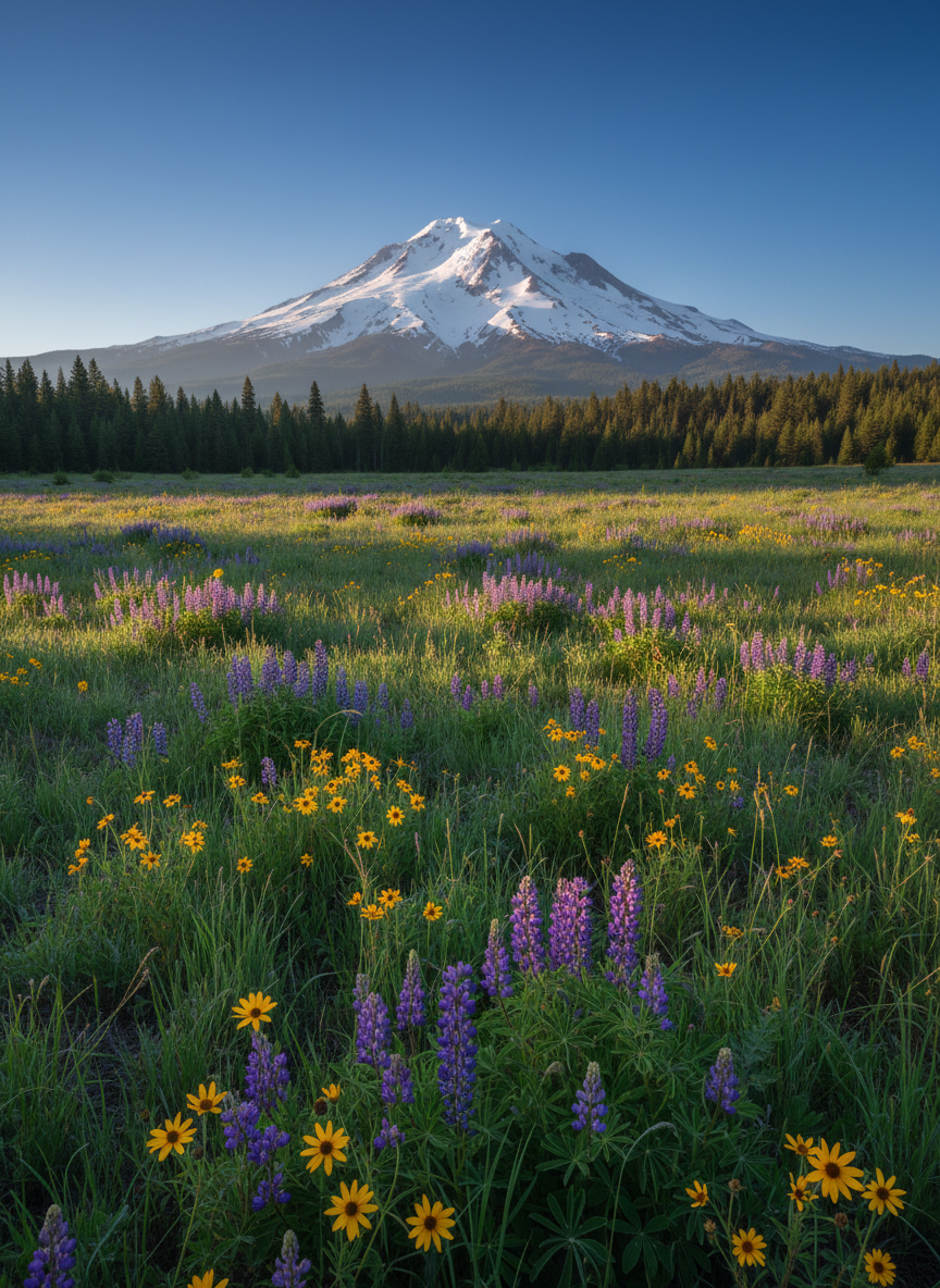 A sweeping panoramic photographic view of Mount Shasta rising snow-capped against a deep blue sky, captured from a wildflower-dotted meadow in the Shasta Cascade region. The foreground shows dew-kissed grasses, delicate purple lupine, and golden mule’s ears in crisp focus, while the distant pine forests fade softly toward the mountain. Early morning light casts a gentle, cool glow on the snowfields and creates long, subtle shadows across the meadow. The mood is serene and awe-filled, conveying the quiet grandeur of Far Northern California. Shot at eye level with a wide-angle lens, using sharp focus throughout for a sense of expansive space, in clean, naturalistic photographic realism suited to a professional Shasta living blog header.
